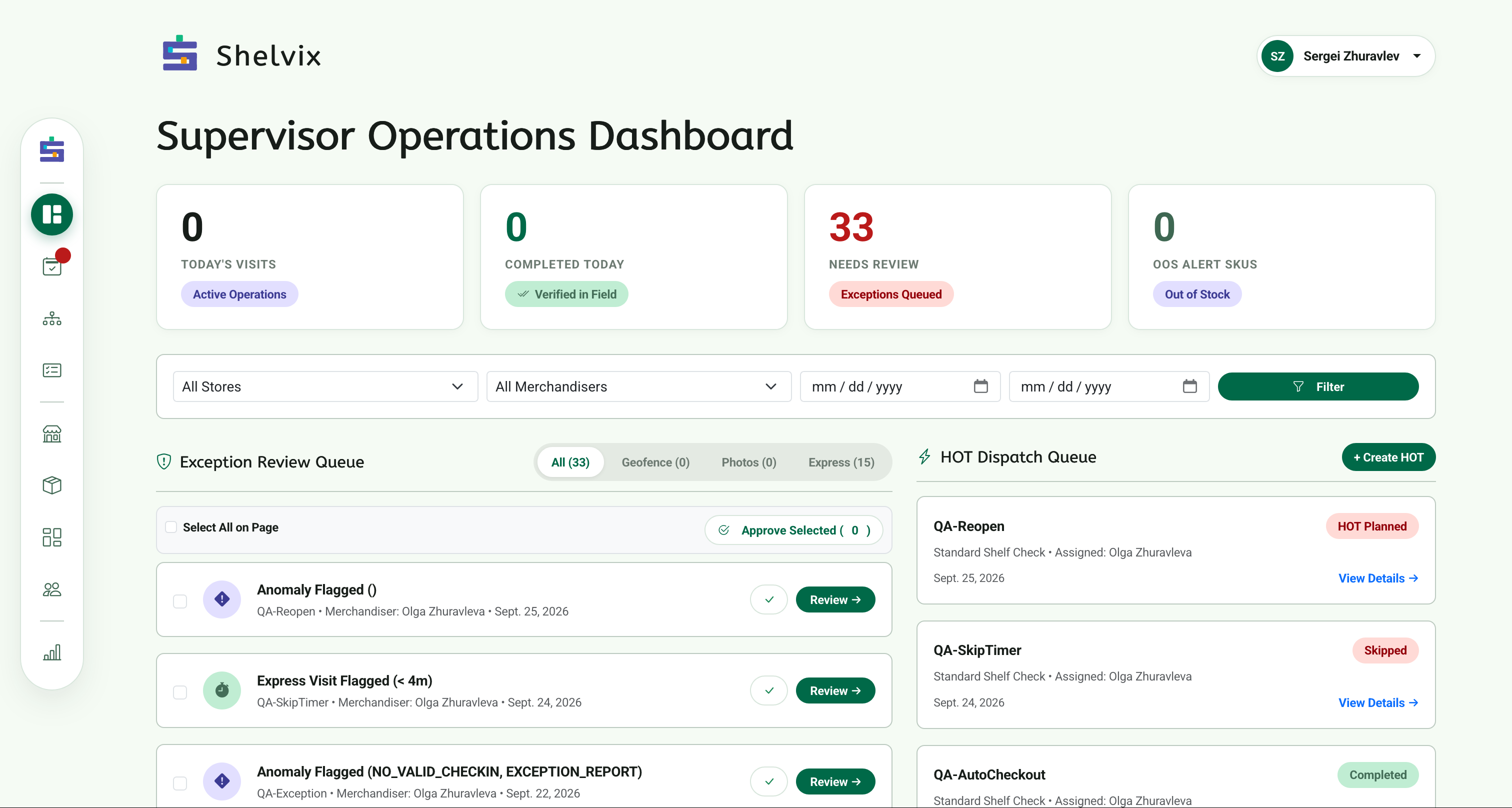 Shelvix supervisor operations dashboard with field team activity